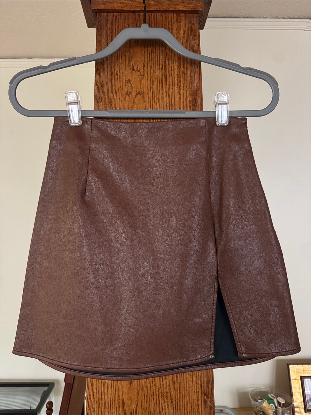 Women’s Brown Faux Leather A-Line Mini Skirt with Side Slit